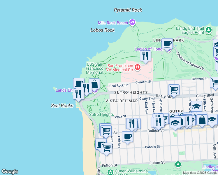 map of restaurants, bars, coffee shops, grocery stores, and more near 185 Seal Rock Drive in San Francisco