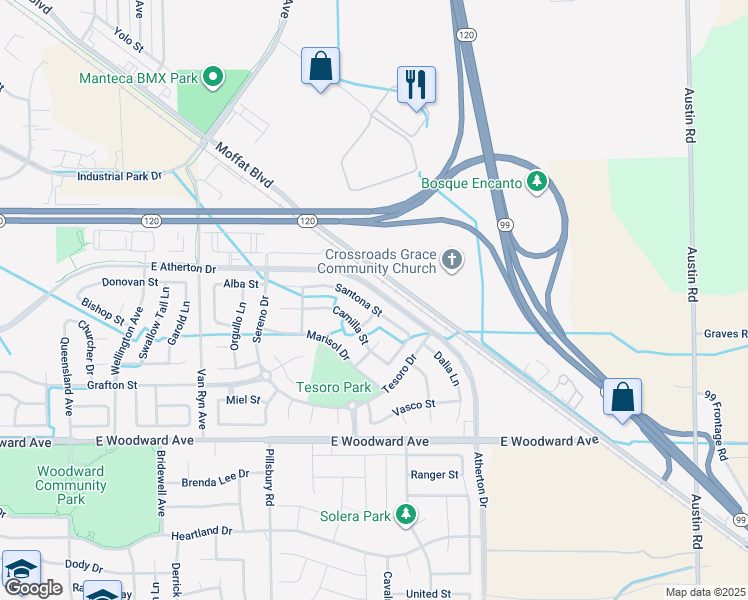 map of restaurants, bars, coffee shops, grocery stores, and more near 1389 Santona Street in Manteca