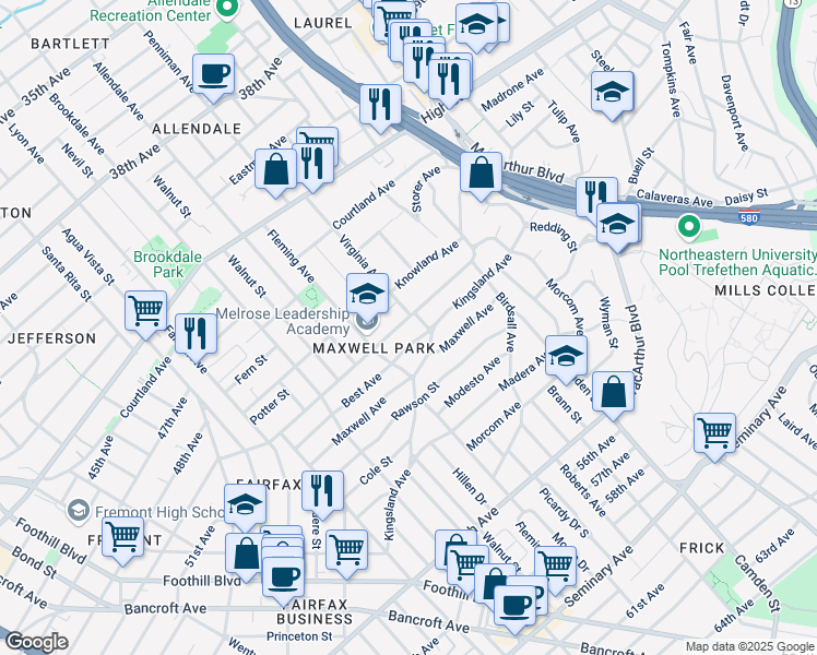 map of restaurants, bars, coffee shops, grocery stores, and more near 2918 Monticello Avenue in Oakland