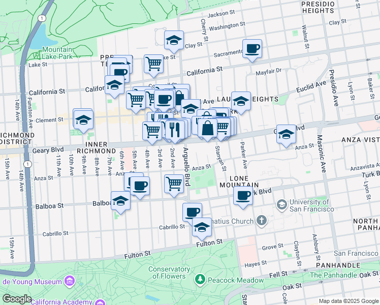 map of restaurants, bars, coffee shops, grocery stores, and more near 540 Arguello Boulevard in San Francisco