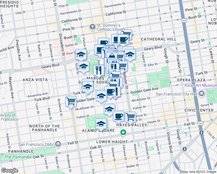 map of restaurants, bars, coffee shops, grocery stores, and more near 1430 Turk Street in San Francisco