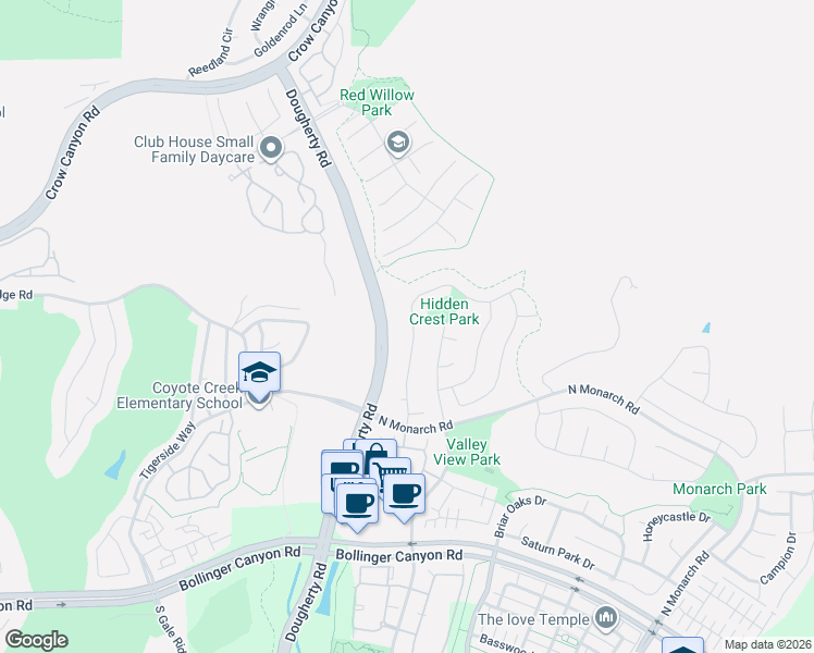 map of restaurants, bars, coffee shops, grocery stores, and more near 1459 Asterbell Drive in San Ramon