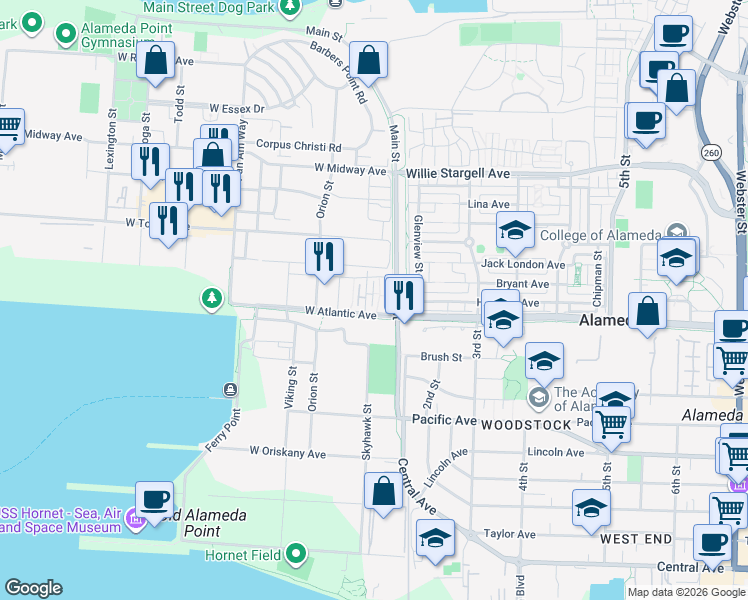 map of restaurants, bars, coffee shops, grocery stores, and more near 173 West Seaplane Lagoon Avenue in Alameda