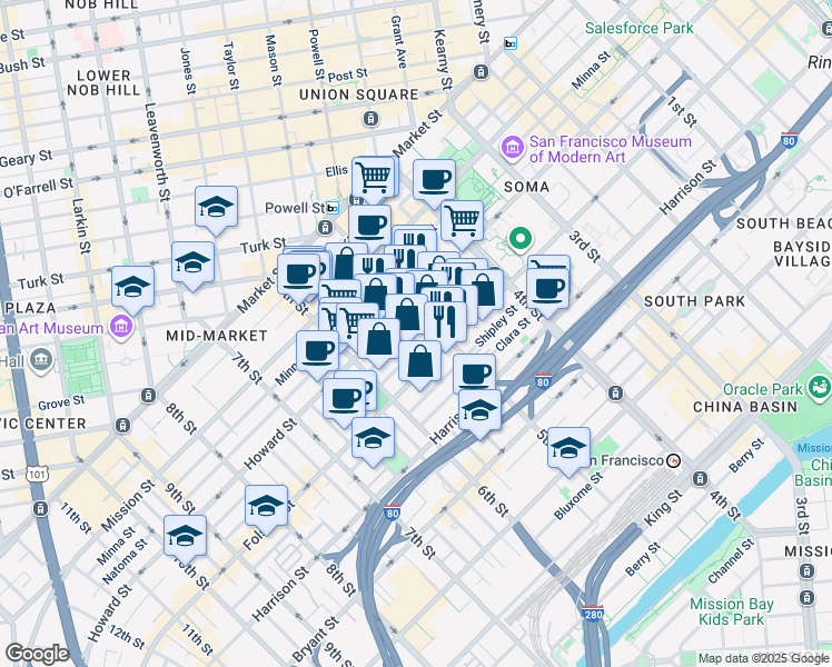 map of restaurants, bars, coffee shops, grocery stores, and more near 241 5th Street in San Francisco