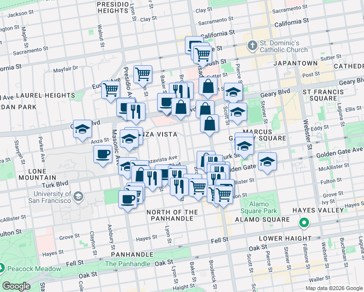 map of restaurants, bars, coffee shops, grocery stores, and more near 995 Baker Street in San Francisco