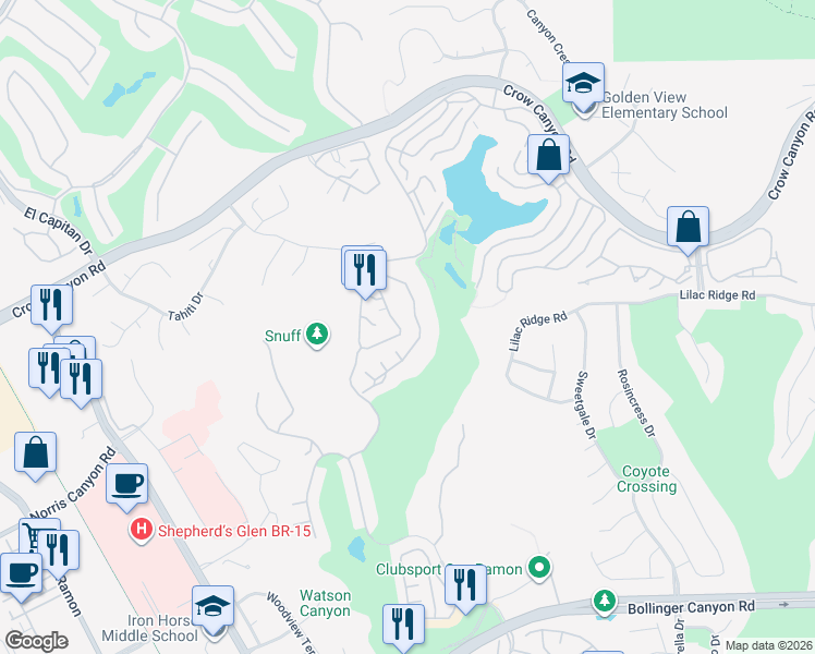 map of restaurants, bars, coffee shops, grocery stores, and more near 3085 Lakemont Drive in San Ramon