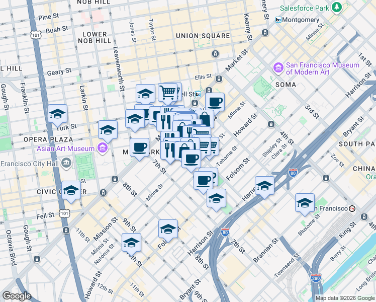 map of restaurants, bars, coffee shops, grocery stores, and more near 1013 Mission Street in San Francisco