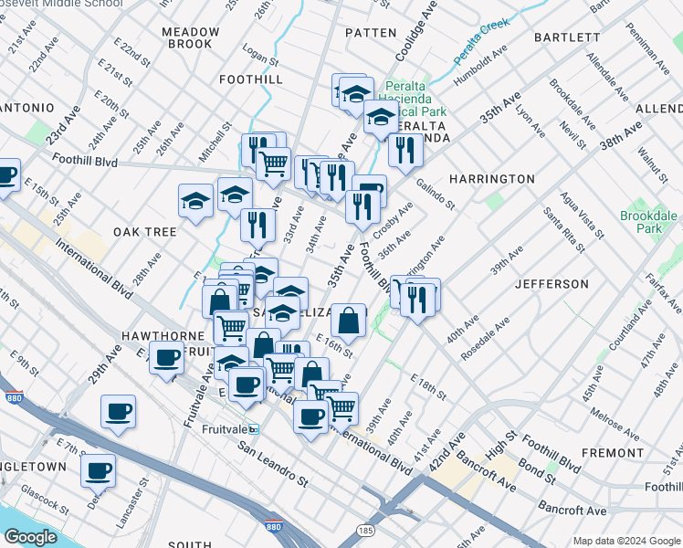 map of restaurants, bars, coffee shops, grocery stores, and more near 1612 35th Avenue in Oakland