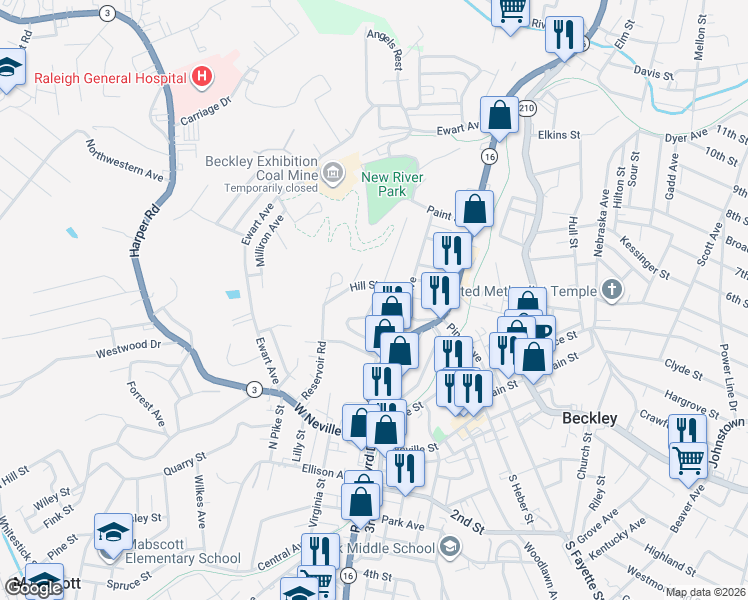 map of restaurants, bars, coffee shops, grocery stores, and more near 106 Edwards Street in Beckley