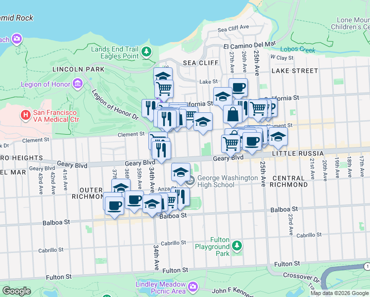 map of restaurants, bars, coffee shops, grocery stores, and more near 463 31st Avenue in San Francisco