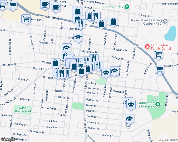 map of restaurants, bars, coffee shops, grocery stores, and more near 201 East Columbia Street in Farmington