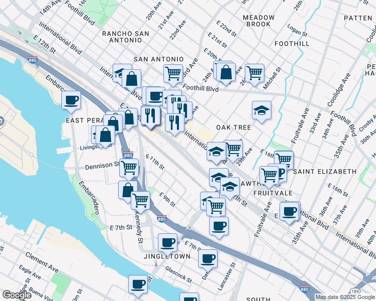 map of restaurants, bars, coffee shops, grocery stores, and more near 1272 26th Avenue in Oakland