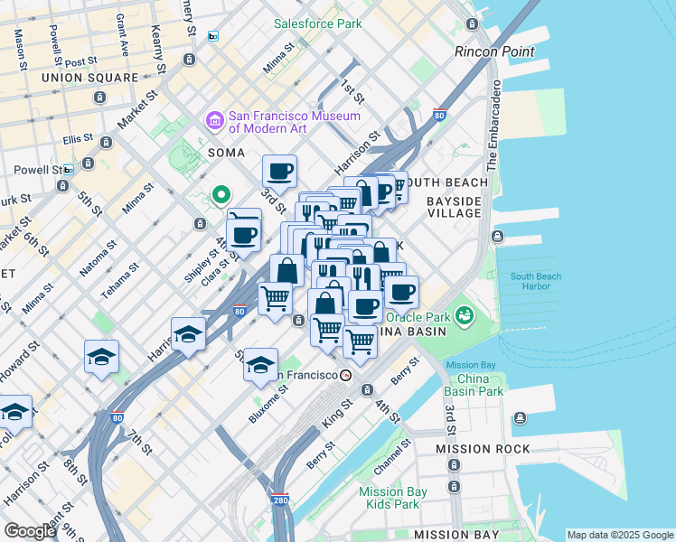 map of restaurants, bars, coffee shops, grocery stores, and more near 550 3rd Street in San Francisco
