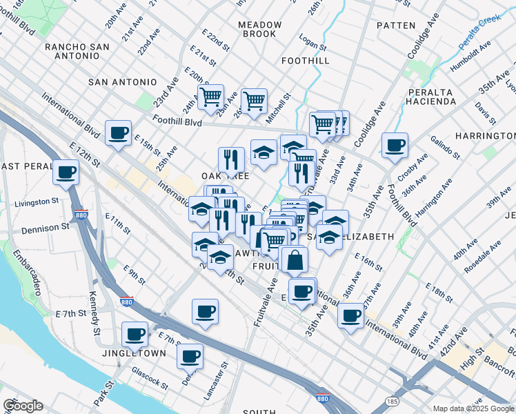 map of restaurants, bars, coffee shops, grocery stores, and more near 1534 29th Avenue in Oakland