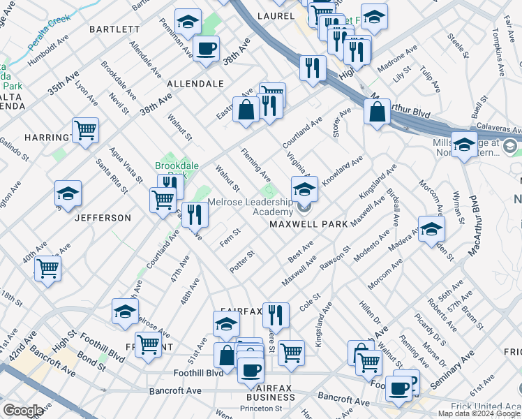 map of restaurants, bars, coffee shops, grocery stores, and more near 4634 Walnut Street in Oakland