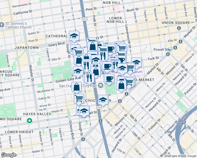 map of restaurants, bars, coffee shops, grocery stores, and more near in San Francisco