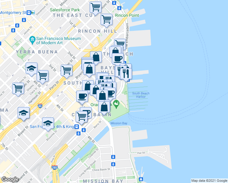 map of restaurants, bars, coffee shops, grocery stores, and more near in San Francisco