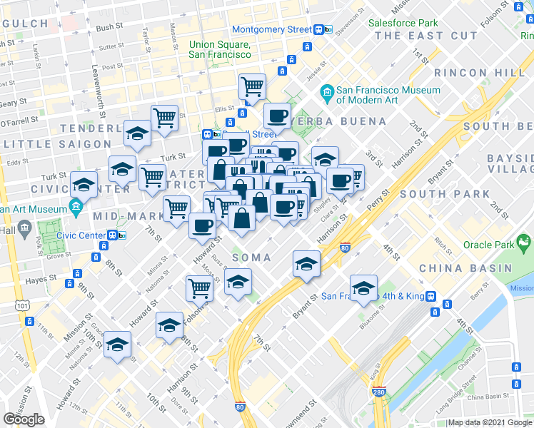 map of restaurants, bars, coffee shops, grocery stores, and more near 241 5th Street in San Francisco