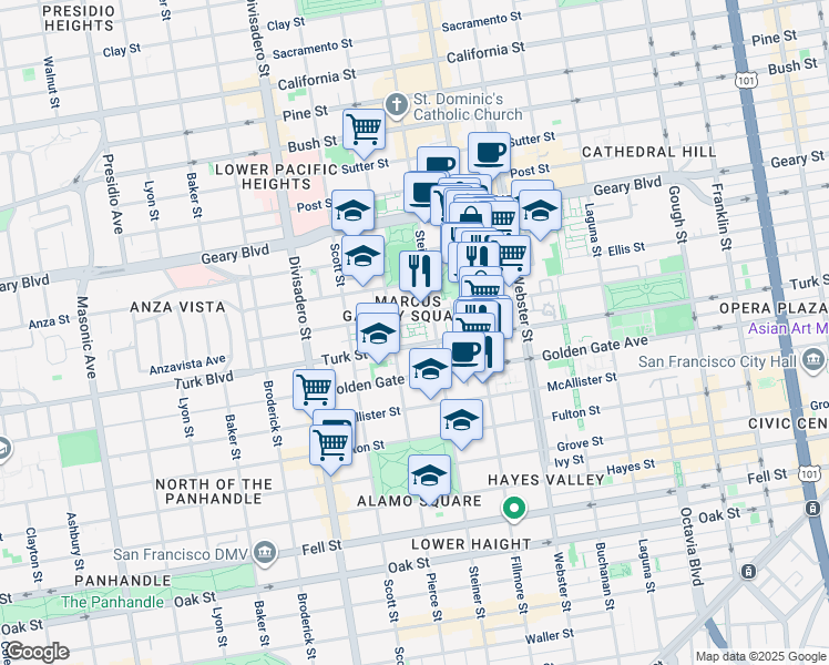 map of restaurants, bars, coffee shops, grocery stores, and more near 1560 Turk Street in San Francisco