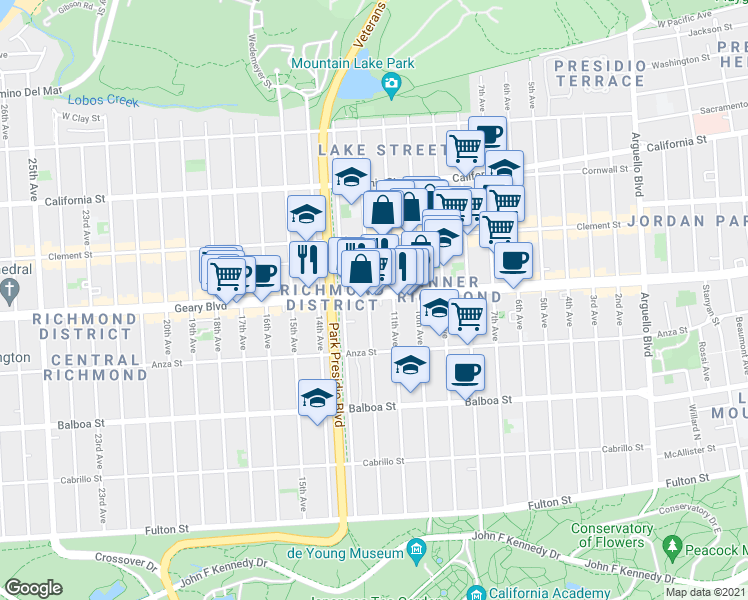 map of restaurants, bars, coffee shops, grocery stores, and more near 4747 Geary Boulevard in San Francisco