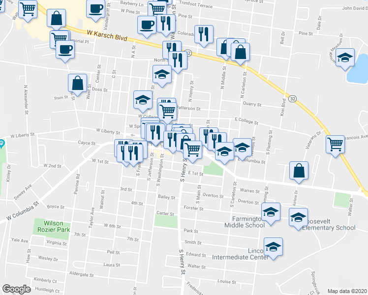 map of restaurants, bars, coffee shops, grocery stores, and more near 201 East Columbia Street in Farmington