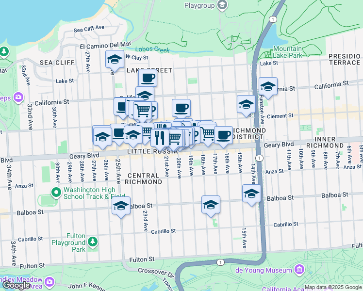 map of restaurants, bars, coffee shops, grocery stores, and more near 399 20th Avenue in San Francisco