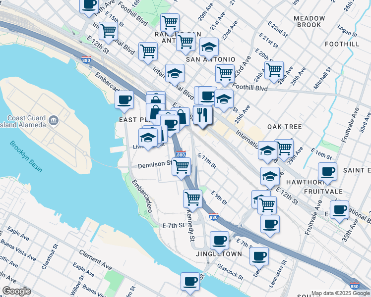 map of restaurants, bars, coffee shops, grocery stores, and more near 1036 Calcot Place in Oakland