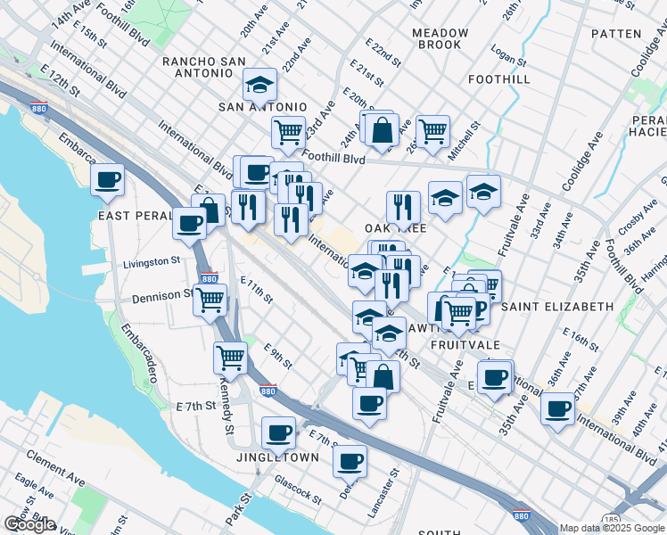 map of restaurants, bars, coffee shops, grocery stores, and more near 2647 International Boulevard in Oakland