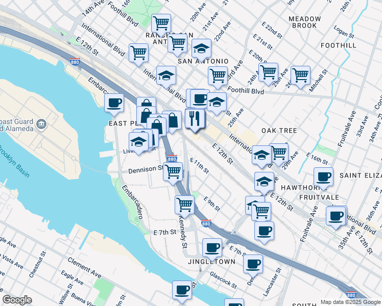 map of restaurants, bars, coffee shops, grocery stores, and more near 1125 Calcot Place in Oakland