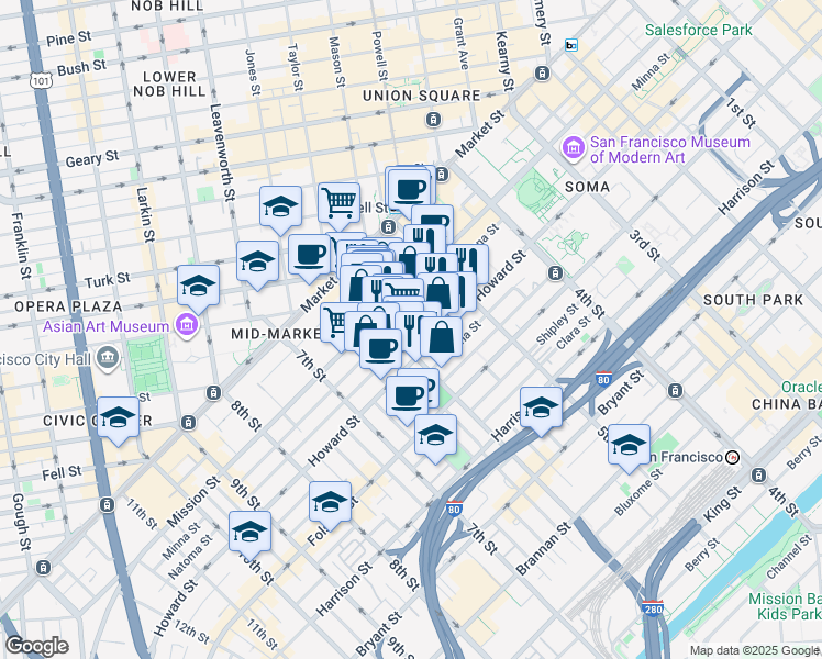 map of restaurants, bars, coffee shops, grocery stores, and more near 474 Natoma Street in San Francisco
