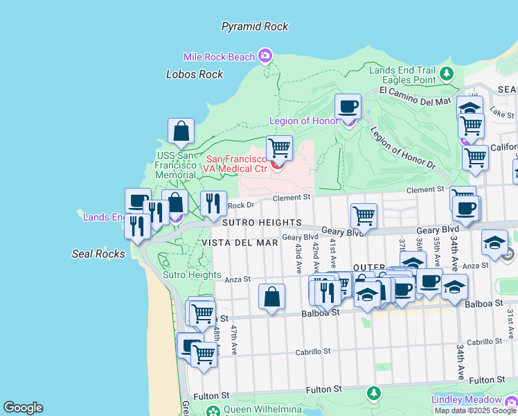 map of restaurants, bars, coffee shops, grocery stores, and more near 401 45th Avenue in San Francisco