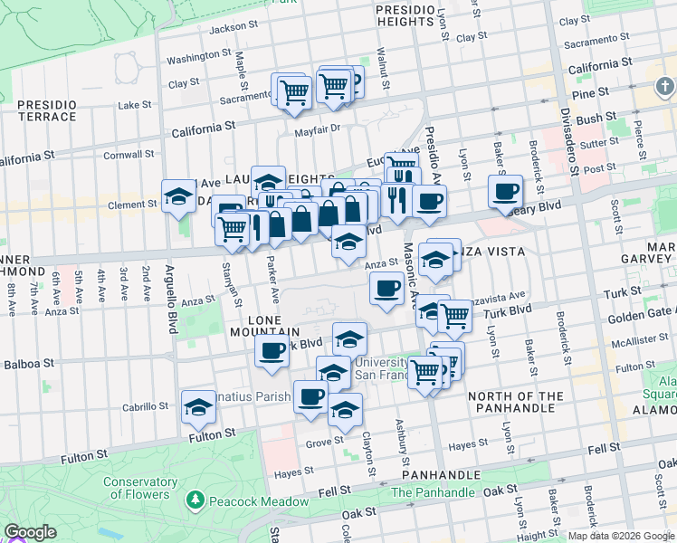 map of restaurants, bars, coffee shops, grocery stores, and more near Anza St & Blake St in San Francisco