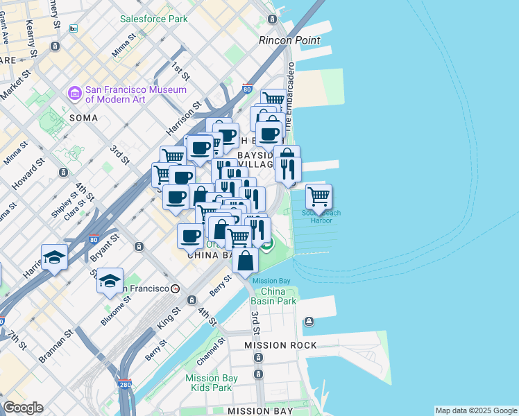 map of restaurants, bars, coffee shops, grocery stores, and more near 88 King Street in San Francisco