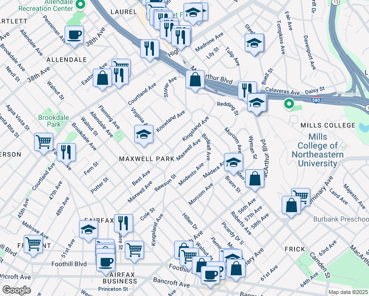 map of restaurants, bars, coffee shops, grocery stores, and more near 3027 Maxwell Avenue in Oakland