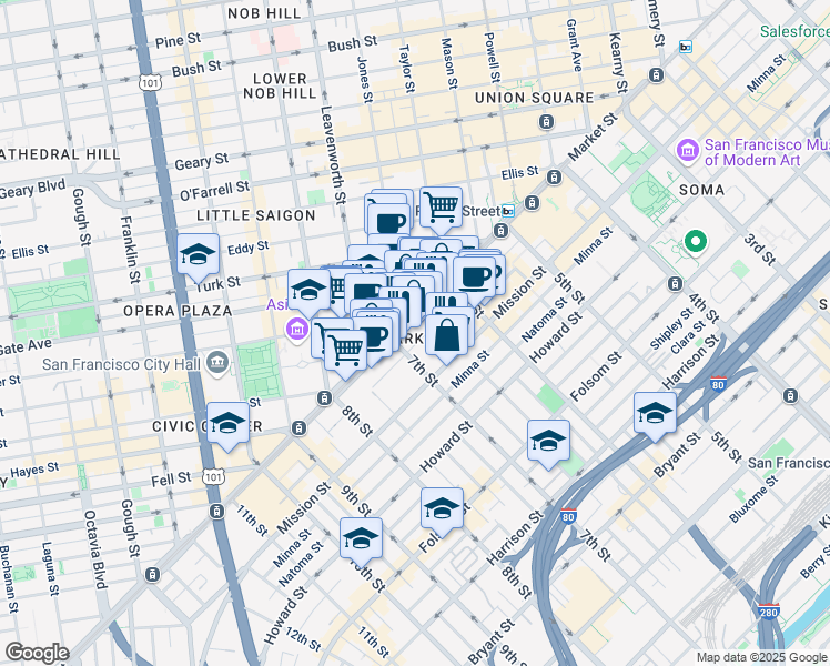 map of restaurants, bars, coffee shops, grocery stores, and more near 1075 Market Street in San Francisco