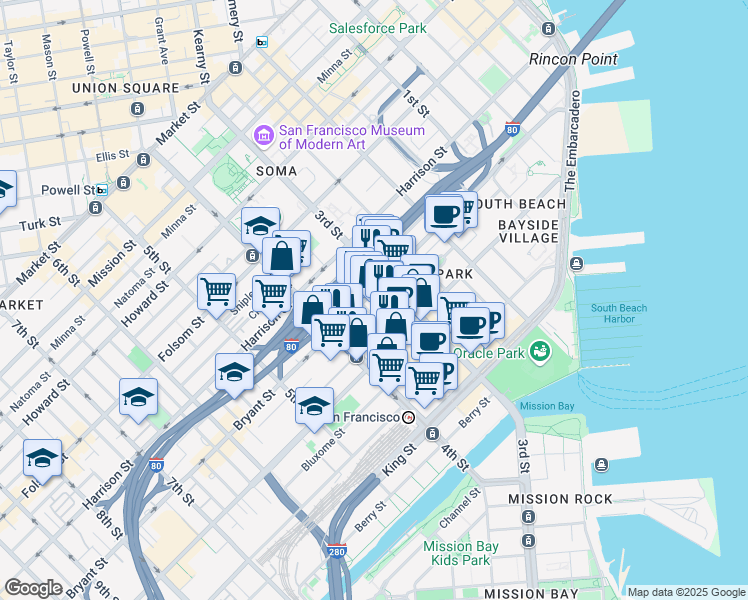 map of restaurants, bars, coffee shops, grocery stores, and more near 546 Bryant Street in San Francisco