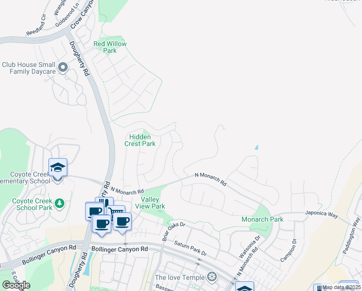 map of restaurants, bars, coffee shops, grocery stores, and more near 1942 Hollyview Drive in San Ramon