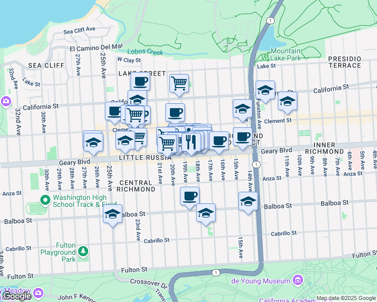 map of restaurants, bars, coffee shops, grocery stores, and more near 5434 Geary Boulevard in San Francisco