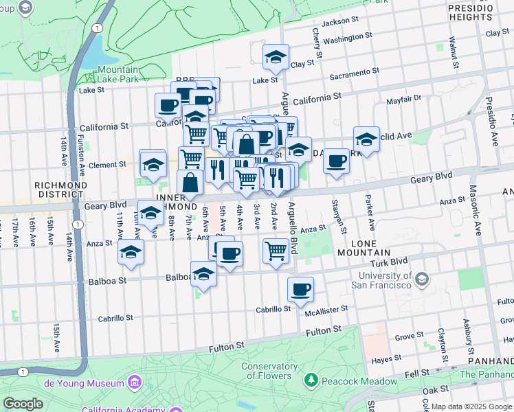 map of restaurants, bars, coffee shops, grocery stores, and more near 55 Music Concourse Drive in San Francisco