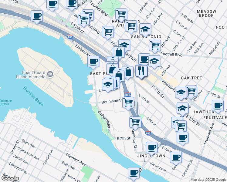 map of restaurants, bars, coffee shops, grocery stores, and more near 1039 Cotton St in Oakland