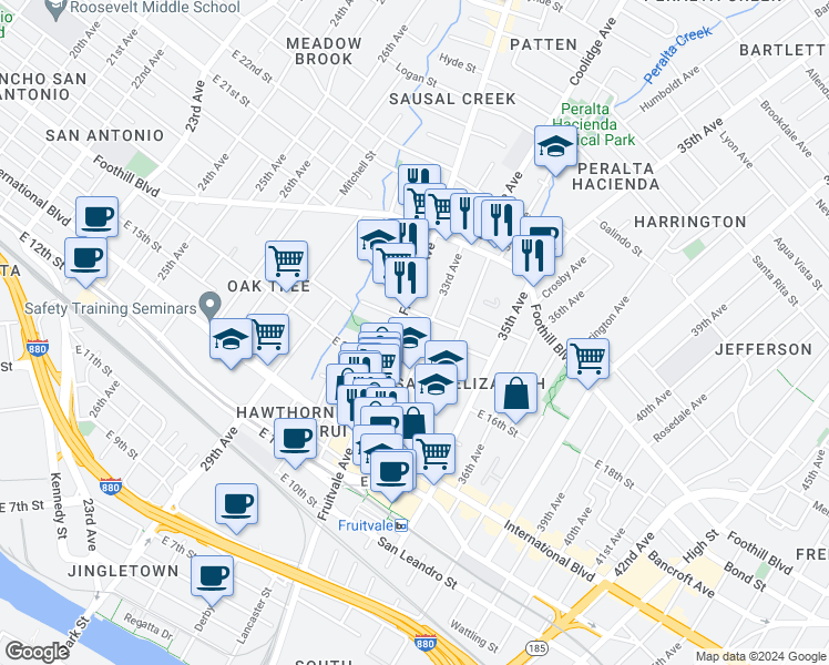 map of restaurants, bars, coffee shops, grocery stores, and more near 1629 33rd Avenue in Oakland