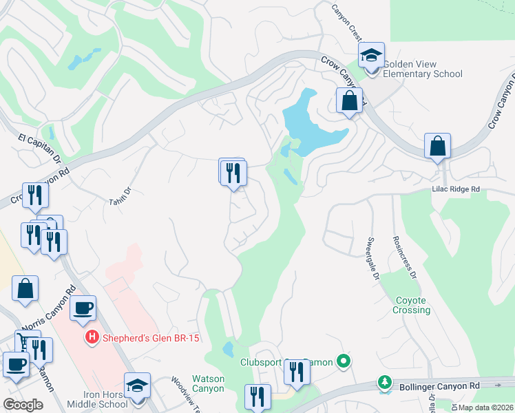 map of restaurants, bars, coffee shops, grocery stores, and more near 3085 Lakemont Drive in San Ramon