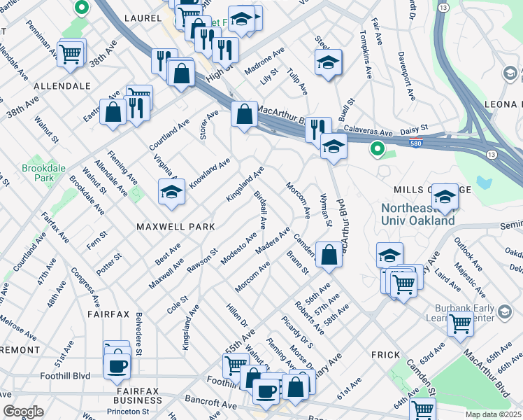 map of restaurants, bars, coffee shops, grocery stores, and more near 3151 Rawson Street in Oakland