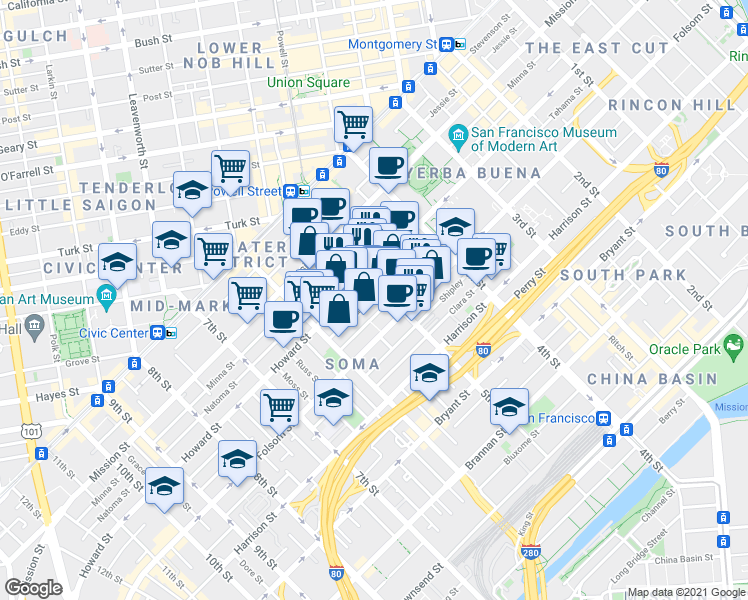 map of restaurants, bars, coffee shops, grocery stores, and more near 241 5th Street in San Francisco
