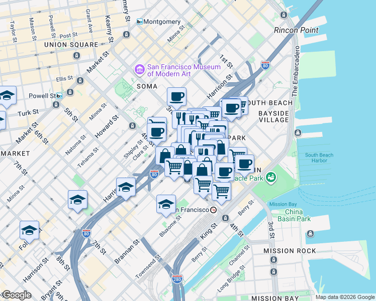 map of restaurants, bars, coffee shops, grocery stores, and more near 546 Bryant Street in San Francisco