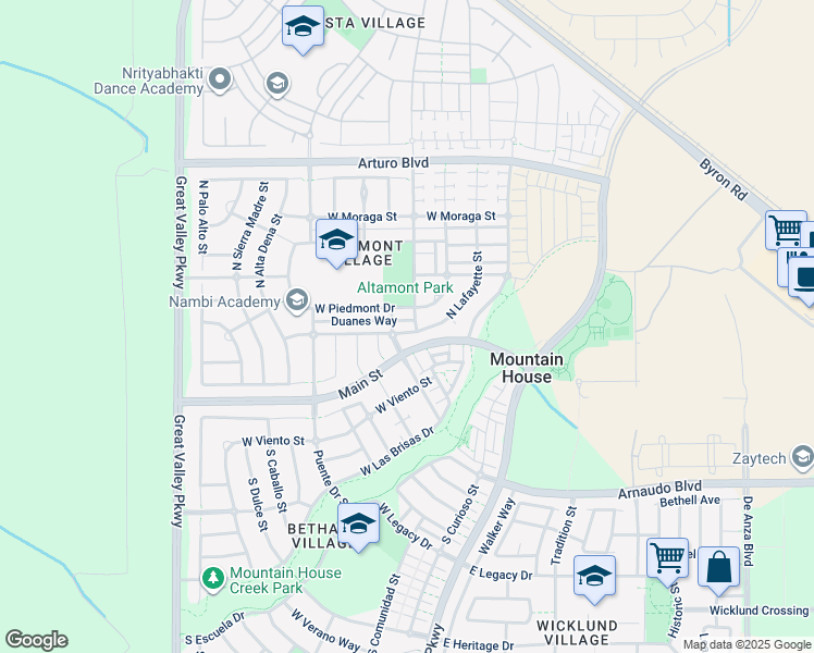 map of restaurants, bars, coffee shops, grocery stores, and more near 315 Alameda Drive in Mountain House