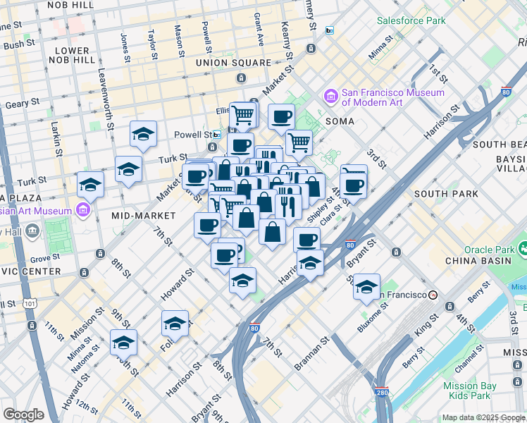 map of restaurants, bars, coffee shops, grocery stores, and more near 241 5th Street in San Francisco