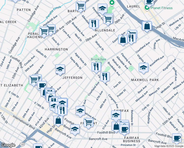 map of restaurants, bars, coffee shops, grocery stores, and more near 4207 Agua Vista Street in Oakland