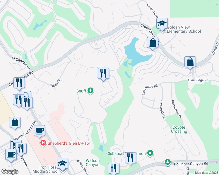 map of restaurants, bars, coffee shops, grocery stores, and more near 3030 Lakemont Drive in San Ramon