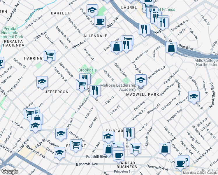map of restaurants, bars, coffee shops, grocery stores, and more near 4533 Brookdale Avenue in Oakland